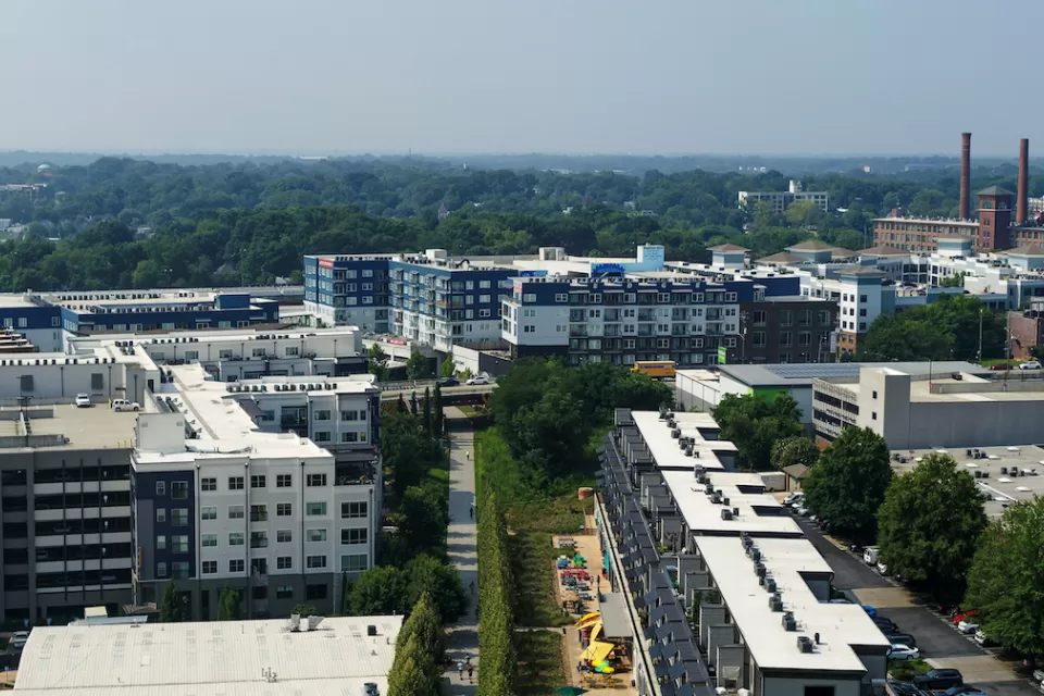 Aerial view of Atlanta BeltlLine greenway with yellow umbrellas